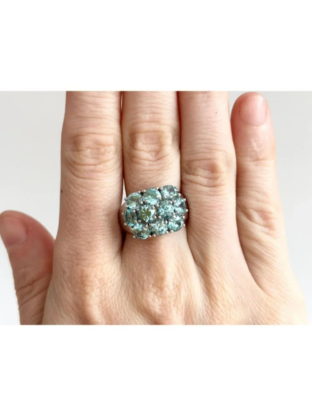 Blue Topaz Cluster Round Cut Gemstone Sterling Silver 925 Vintage Ring - sz 7.75